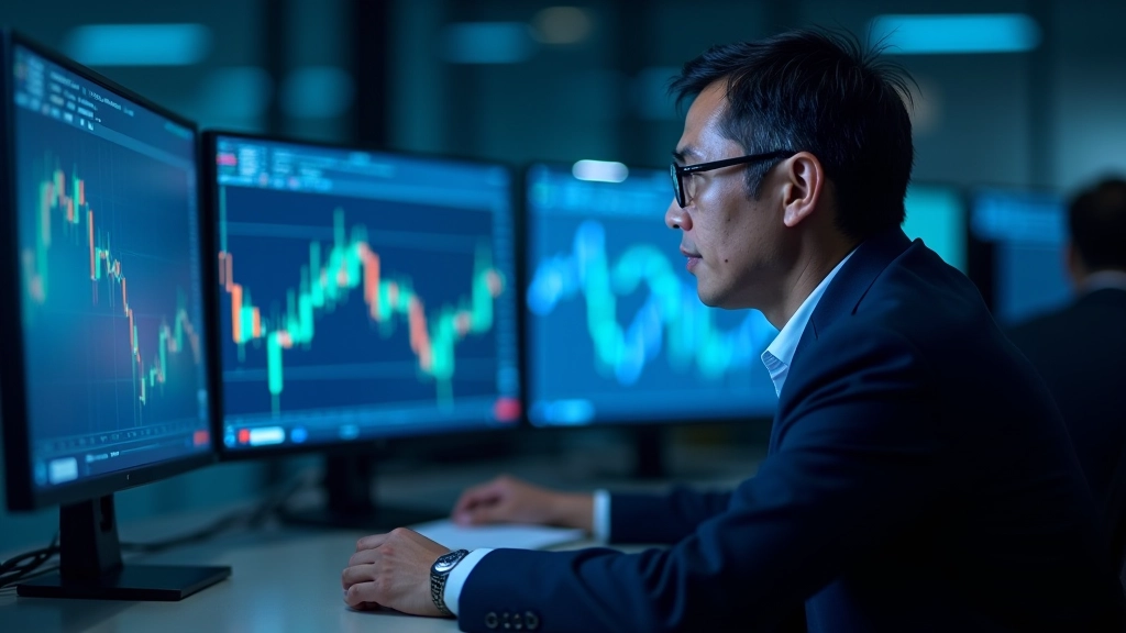 Professional analyst studying multiple computer screens displaying financial data and technical analysis charts