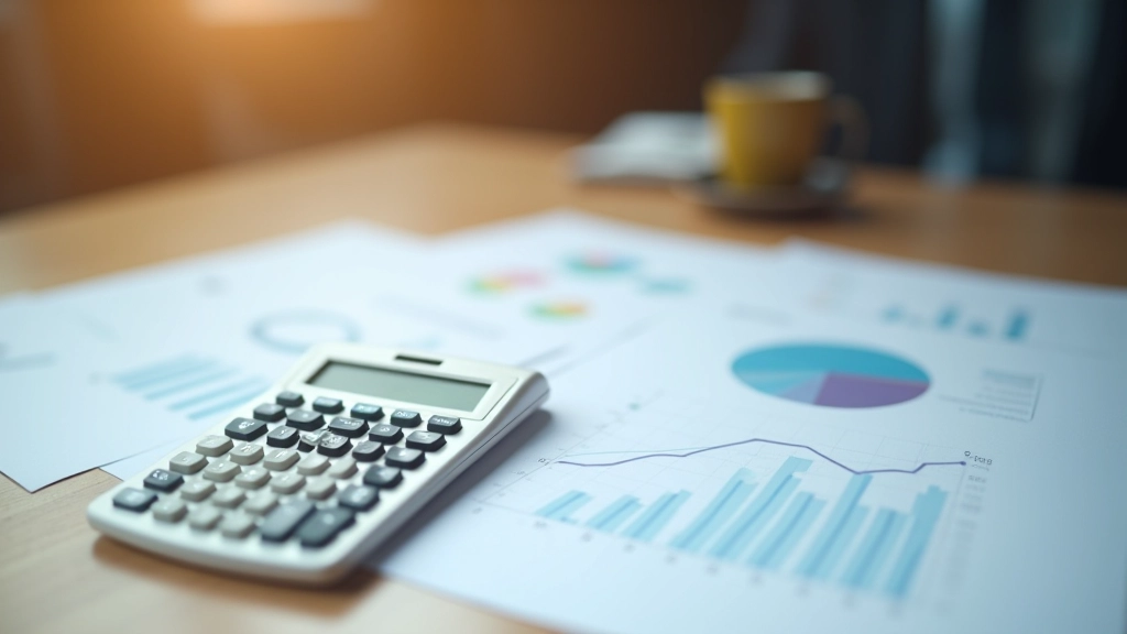 Calculator and financial charts showing risk-reward calculations and portfolio growth projections on a wooden desk