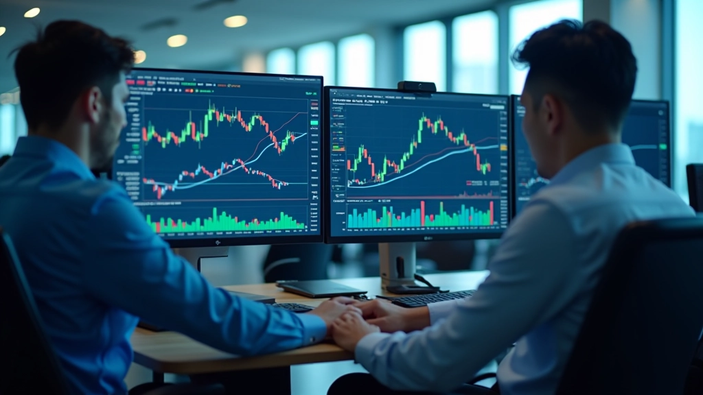 Professional trading workspace with multiple monitors showing financial charts