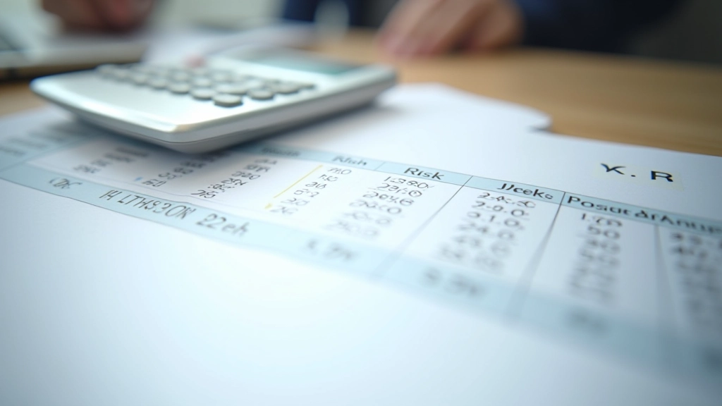Spreadsheet with financial calculations and risk management metrics on desk