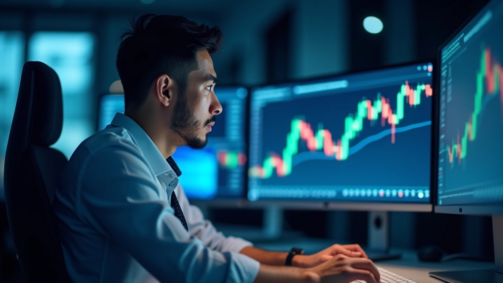 Professional trader analyzing financial charts on multiple monitors