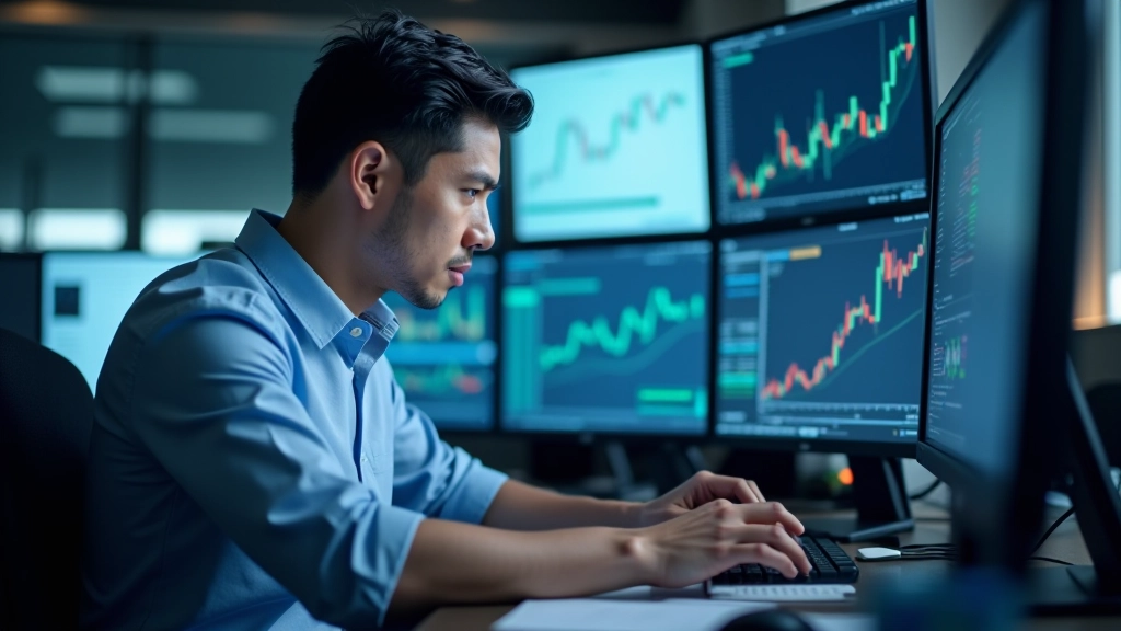 Trader at desk with multiple monitors displaying position sizing formula and trade calculations