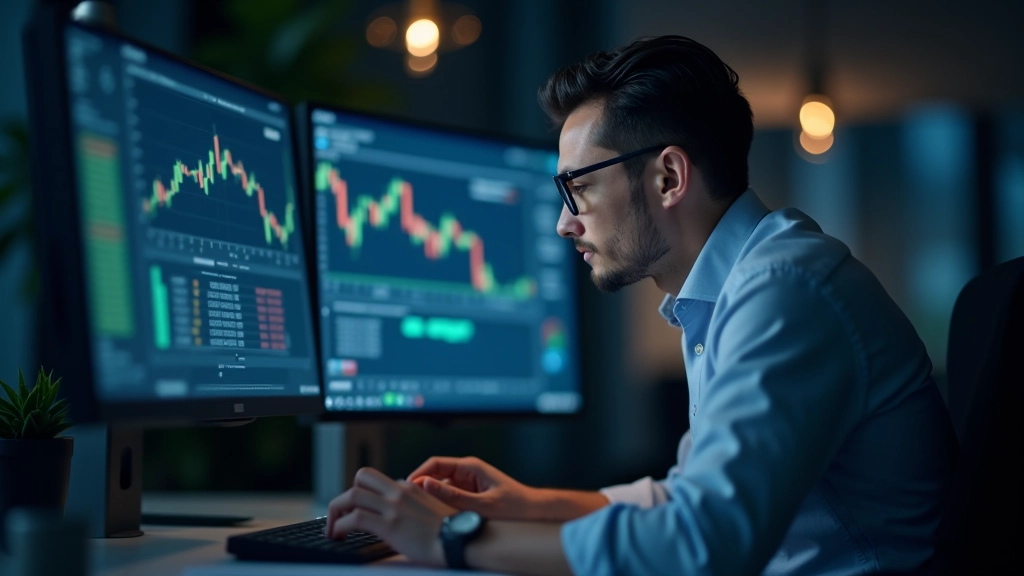 Trader analyzing multiple candlestick patterns on computer screen with notes and technical analysis